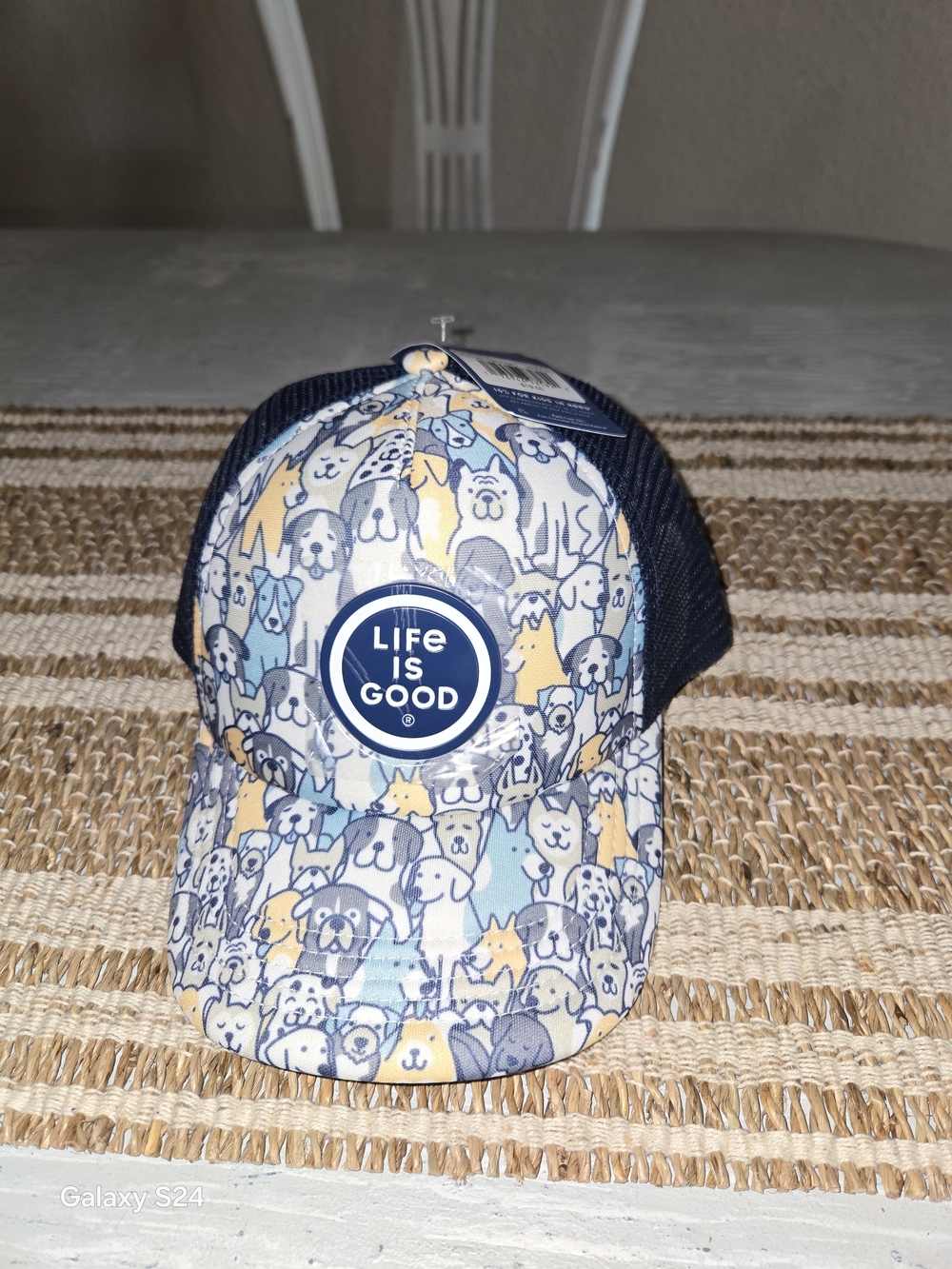 Life is Good Dog Print Trucker Hat - Navy, Light Blue, Yellow
